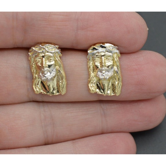 Real 10k Yellow Gold Jesus Head Diamond Cut Stud Earrings 2.7gr - Picture 3 of 6